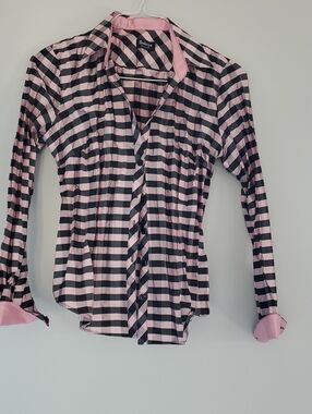 Pink and Black Striped Button-Up Blouse